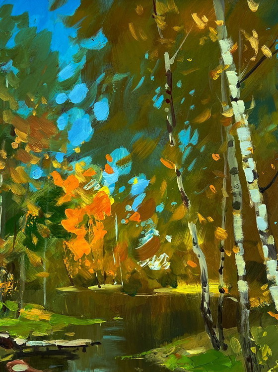 Image 1 of Peinture à l'huile originale, paysage naturel : une rivière dans la forêt d'automne