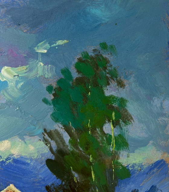 Image 1 of Original Oil Painting Summer Nature Landscape The village beyond the forest