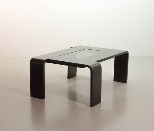 Mid-Century Design Rectangle Ake Fribyter Style Black Lacquered Plywood Coffee Table with Smoked Glass Panel, 1970s