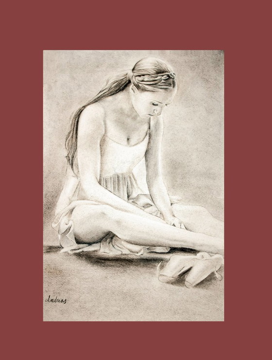 Image 1 of Charcoal drawing of a seated ballerina. Painting of a ballerina. New.
