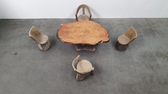 Image 1 of Vintage faux wood cement garden set 4 chairs/table Brutalist 60s France