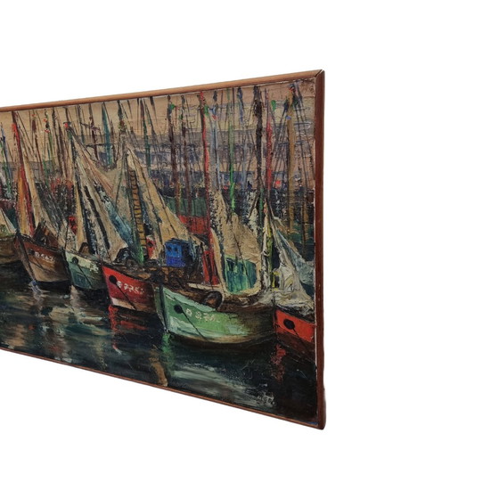 Image 1 of Peinture française vintage avec des bateaux dans le port, années 1950