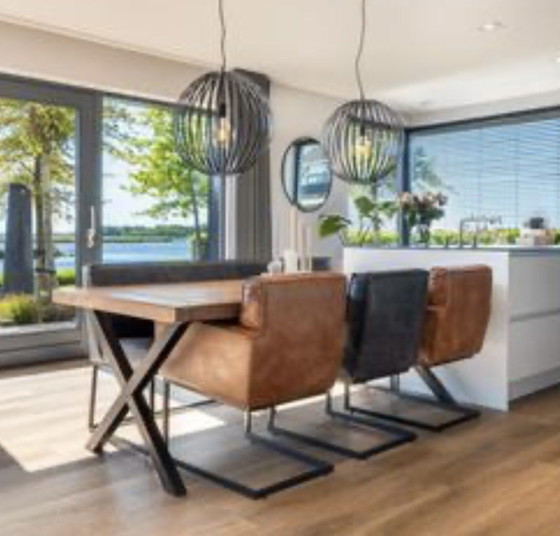 Image 1 of Prachtige Complete Eethoek | Industriële Houten Tafel + Eetkamerbank + 3 Stoelen