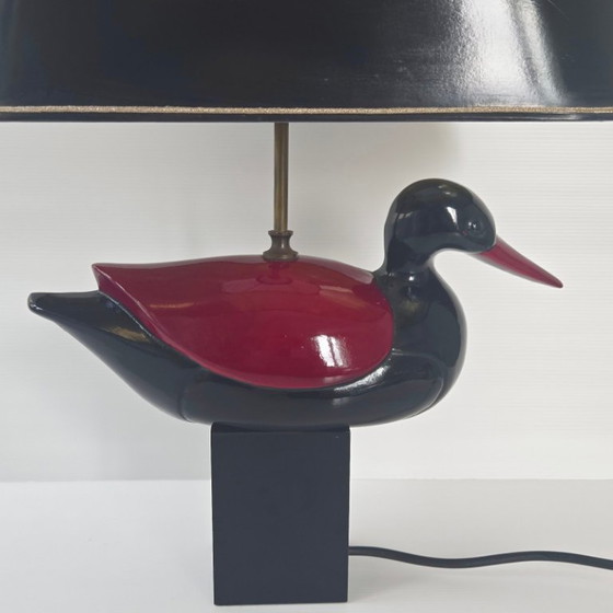 Image 1 of Vintage 1970s Italian Duck Table Lamp, Black & Burgundy Lacquered Wood