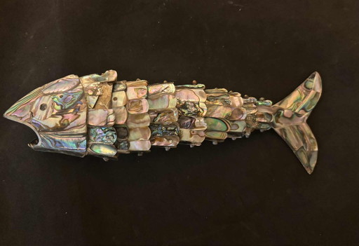 Bottle Opener Articulated fish Mexican Vintage Mother Of Pearl Abalone collectible barware MCM