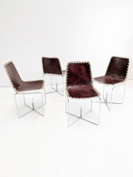 Set of 4 Italian Modern Leather Sling Back Chairs 1970s – Dining chairs (photo 5 of 8)