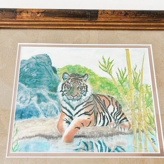 Image 1 of Cuadro enmarcado de Corinne Dell Aria, pintura al pastel de un tigre (años 2000)