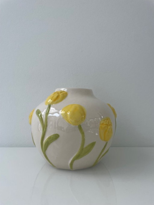 Hand-painted vase with tulip relief