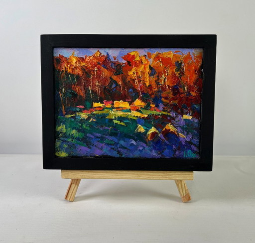 Original Oil Painting Autumn Forest Landscape Fires ignite darkness and silence
