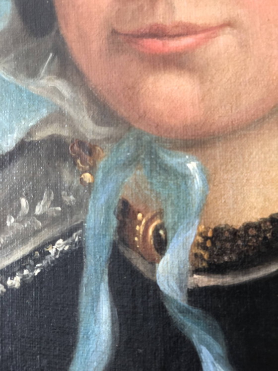 Image 1 of Portrait à l'huile ancien d'une dame hollandaise, XIXe siècle