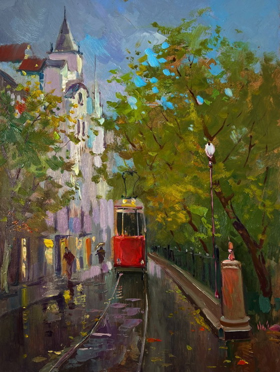 Image 1 of Original Oil Painting Autumn Street Landscape City Tram Slides Along The Tracks