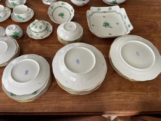 Image 1 of Gorgeous Herend Hungary Apponyi Chinese Bouquet Green Complete Dinner, Breakfast and Tea/Coffee Service Set – 6 Place Settings