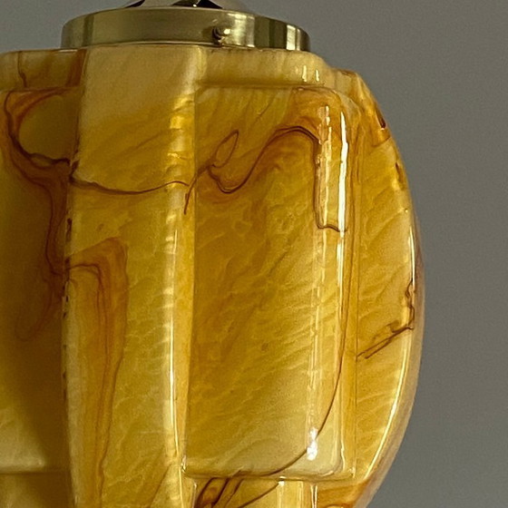 Image 1 of Art Deco Skyscraper Chandelier Pendant Light in Marbled Yellow Gold Opaline Glass