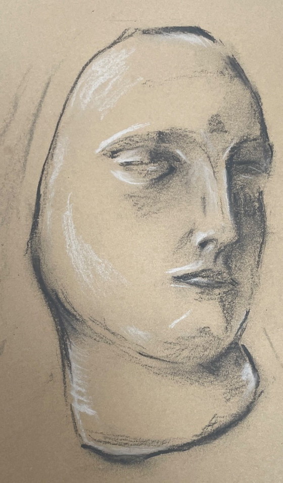 Image 1 of Signed painting charcoal drawing study female face for plaster studio