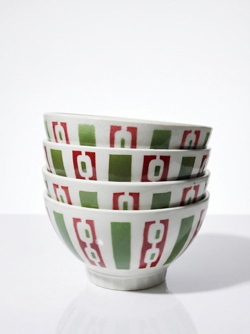 4 Badonviller earthenware coffee bowls with Art Deco decoration, vintage 1940s-1950s