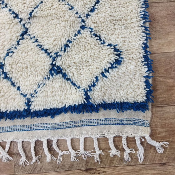 Image 1 of Modern Handmade Berber Rug – Handmade Berber Carpet | Cream Wool Moroccan Rug with Blue Geometric Patterns