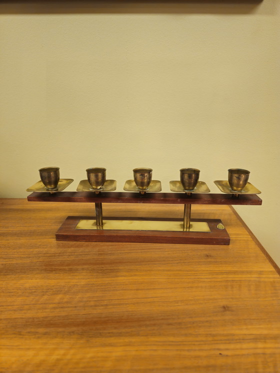 Image 1 of Vintage Teakhouten Kandelaar Kaarsenhouder Messing 