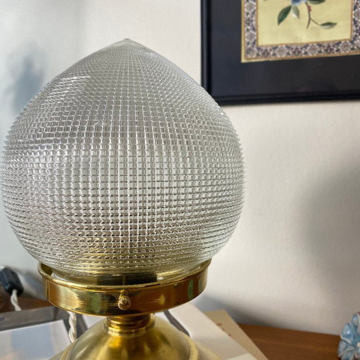 Antique globe table lamp in Holophane-type glass and brass