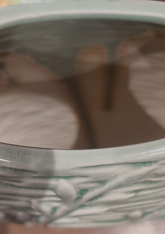 Image 1 of Crackle-glazed ceramic vase from the 1980s-90s with a plant motif

