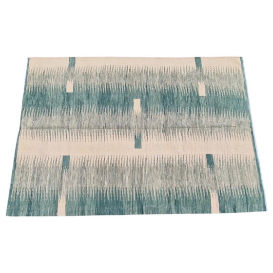 Handgeweven modern groen ikat kilim tapijt | Platgeweven | Hedendaags | 246 × 171 cm (97 × 67 inch) (photo 4 of 11)