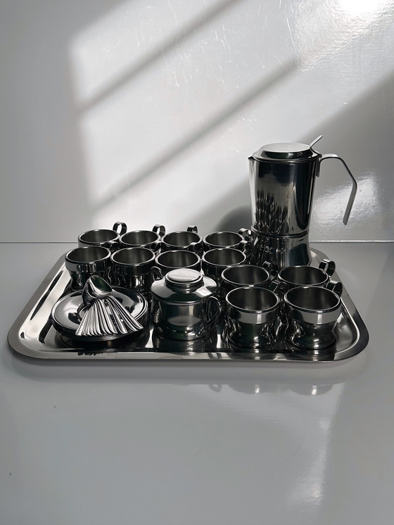 Image 1 of Set da caffè espresso in acciaio inox, tazza, vassoio, caffettiera, metallo, Italia, caffè, 12 persone