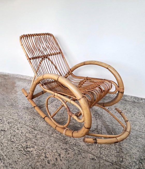 Sedia a dondolo vintage in bambù massiccio di Franco Albini per veranda o terrazzo, Italia, Mid Century, Boho (photo 3 of 15)