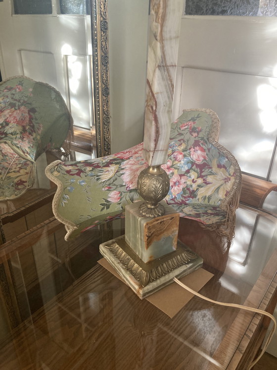 Image 1 of Schöne Vintage Tischlampe, Sammlerstück-grüner Onyx Marmor/Messing Fuß, schöner originele Schirm