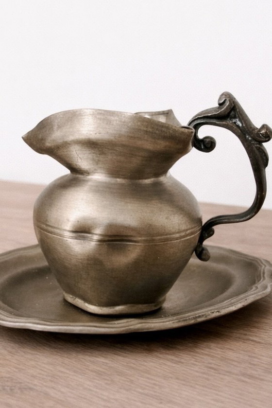 Image 1 of Small antique pewter pitcher with handle – Pitcher and tray set – Antique tableware