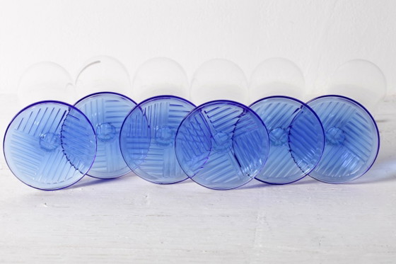 Set van 6 Vintage Glazen met Blauwe Voet / Zeldzame Hoge Tumblers / Zwiesel Glas / Duitsland / Jaren 90 (photo 9 of 11)