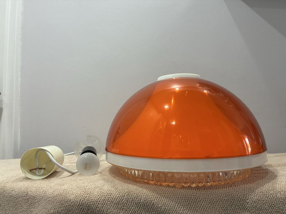 Dijkstra orange acrylic pendant lamp, 1970s, Metal, Plexiglass, Space Age (photo 6 of 6)