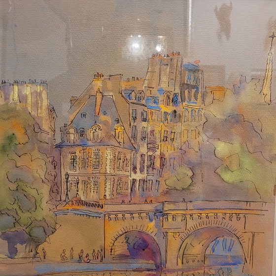 Image 1 of Aquarelle sur papier « Pont Marie, Paris », post-impressionnisme, signée Gilis, 1962 - France
