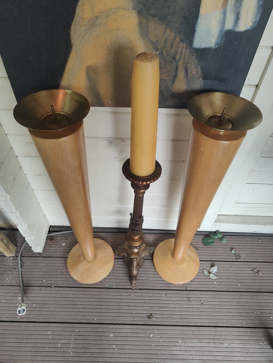 Image 1 of candlesticks 2 piece solid beech candlesticks plus church candlestick solid copper