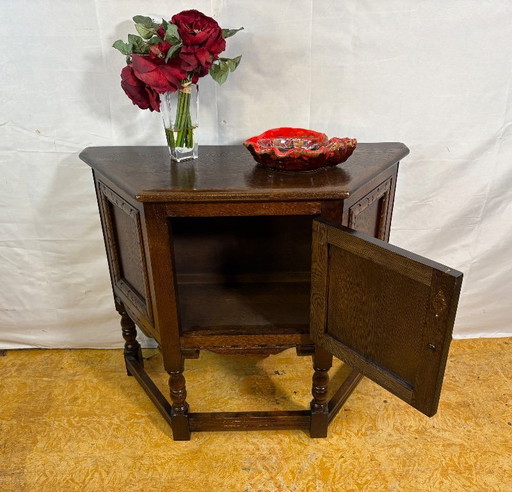 Vintage Old Charm Furniture Canted Side Cabinet by Wood Brothers (Circa 1970) A charming and beautifully crafted vintage canted