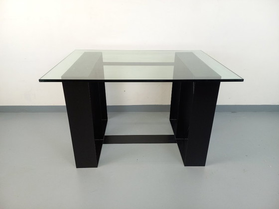 Image 1 of Vintage rectangular high table in glass and black metal from the 80s