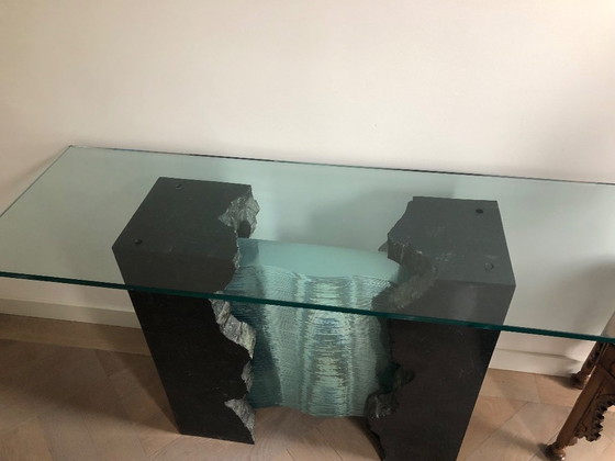 Image 1 of Vintage Roche Bobois consolewagen - Glazen gordijn met marmer