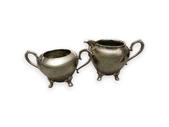 Image 1 of Antieke suiker- en melkkan set in art nouveau stijl uit de jaren 1920, Nederlands, verzilverd, van Daalderop & Sons.