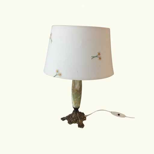 Lampe à poser vintage en bronze avec abat-jour en onyx et à motifs