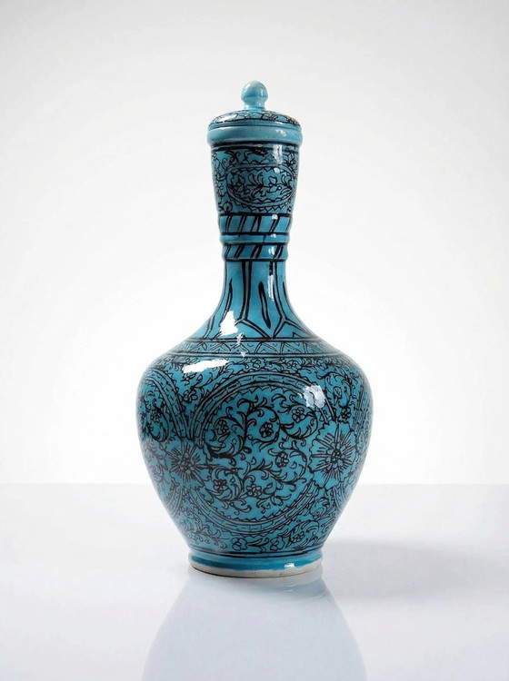 Covered vase or Persian jar, glazed Iznik pottery, vintage turquoise painted., Porcelain, Black (photo 2 of 16)