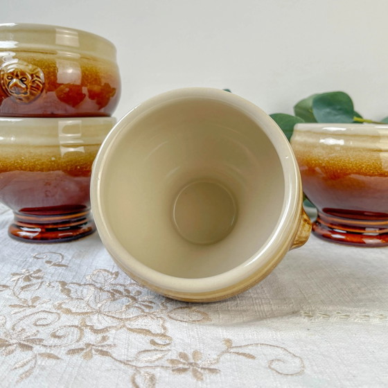 4 Keramische Leeuwenkop Schalen, Tweekleurig Gespikkeld – Émile Henry Stijl – Vintage Steengoed Made in France (photo 7 of 8)