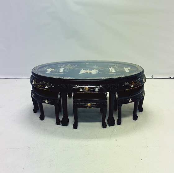 Image 1 of Chinese Coffee Table With 6 Matching Stools