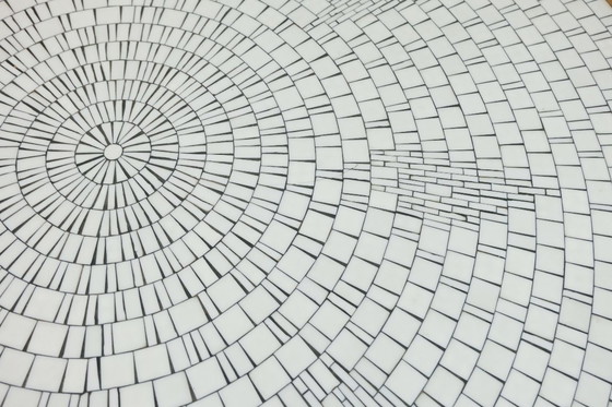 Image 1 of large round 60s mosaic tile top coffee table white mosaic walnut frame chrome base