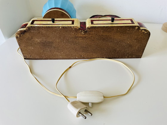 Image 1 of German Art Deco wood mother of pearl silver clock blue opaline glass lamp set with drawers, 1930s