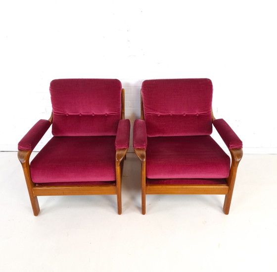 Image 1 of 2 poltrone vintage di design danese anni '70 in legno e velluto rosa