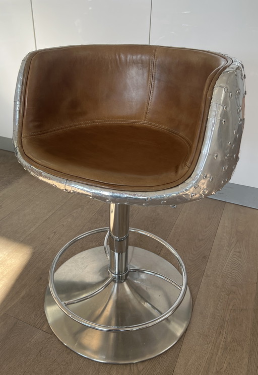 4x Hand Beaten Aluminum With Antique Leather Barstools