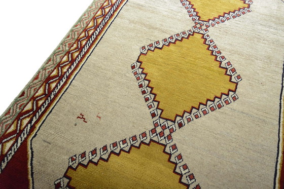 Image 1 of Handgeknüpfter Gabbeh Nomadenteppich – 226 x 133 cm – Naturtöne & Senfgelb – Unikat aus reiner Wolle