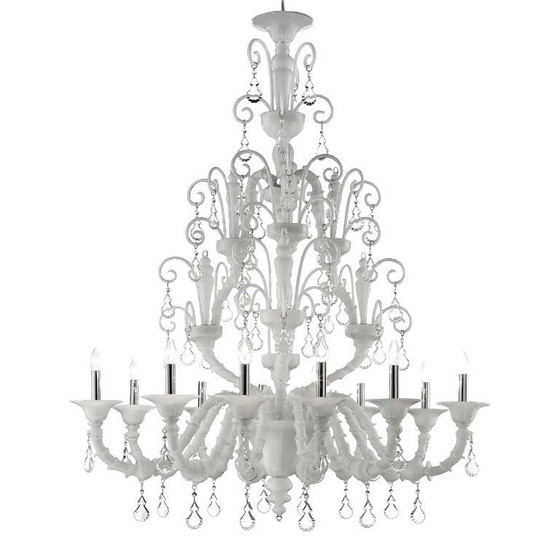 Image 1 of Handgefertigter, moderner weißer Ca’ Rezzonico-Kronleuchter mit geschwungenen Muranoglas-Details