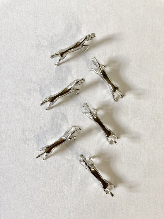 Image 1 of Six silver-plated metal knife rests in the shape of horses. 1960s