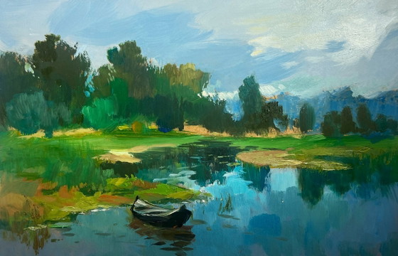 Image 1 of Peinture à l'huile originale représentant un paysage lacustre côtier. Temps chaud idéal pour la pêche.