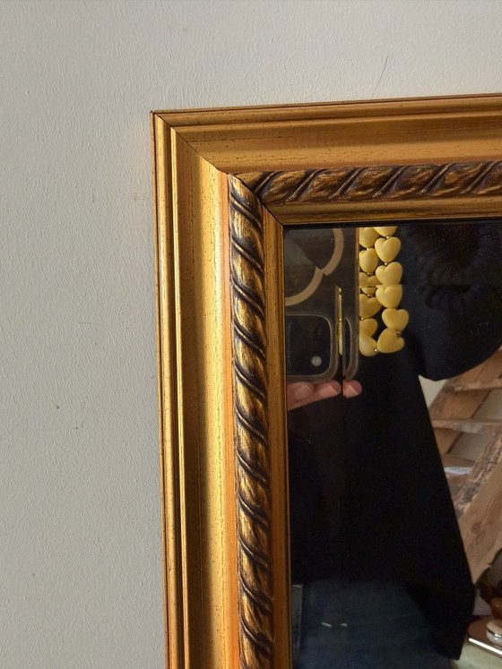 Facet cut vintage mirror with gold-colored frame, Glass, Wood (photo 7 of 8)