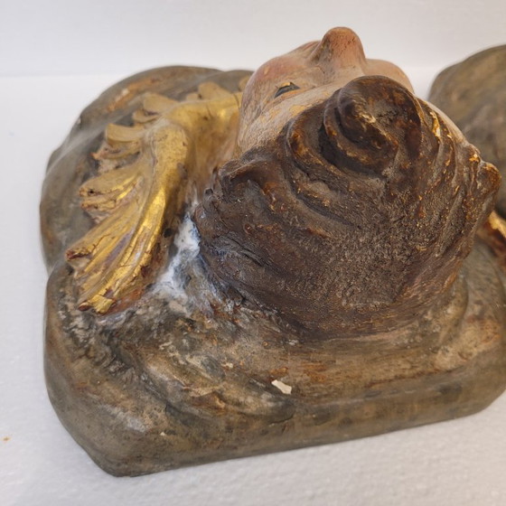 Image 1 of Paire de chérubins en haut-relief, bois polychrome, XVIIIe siècle - Espagne